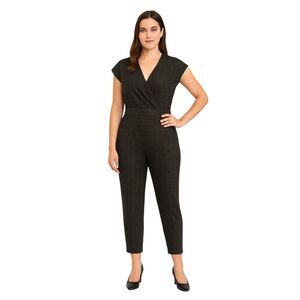 One Clothing Large Black & Silver Jumpsuit V-Neck Silver Chevron Pattern Sparkle